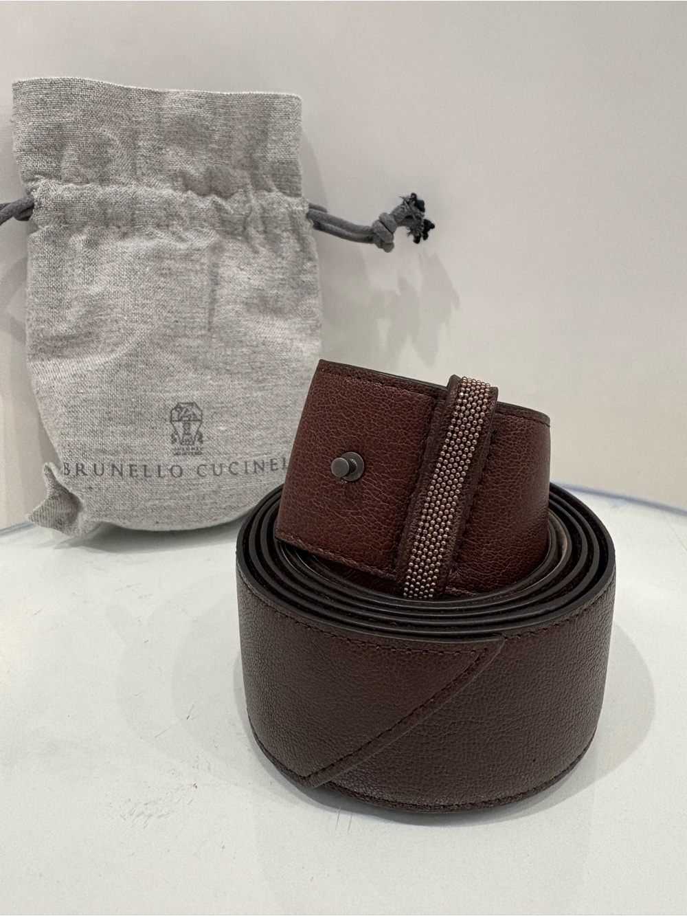 $1,075 Brunello Cucinelli Burgundy Leather Monili Beaded Waist Belt Sz L Dustbag